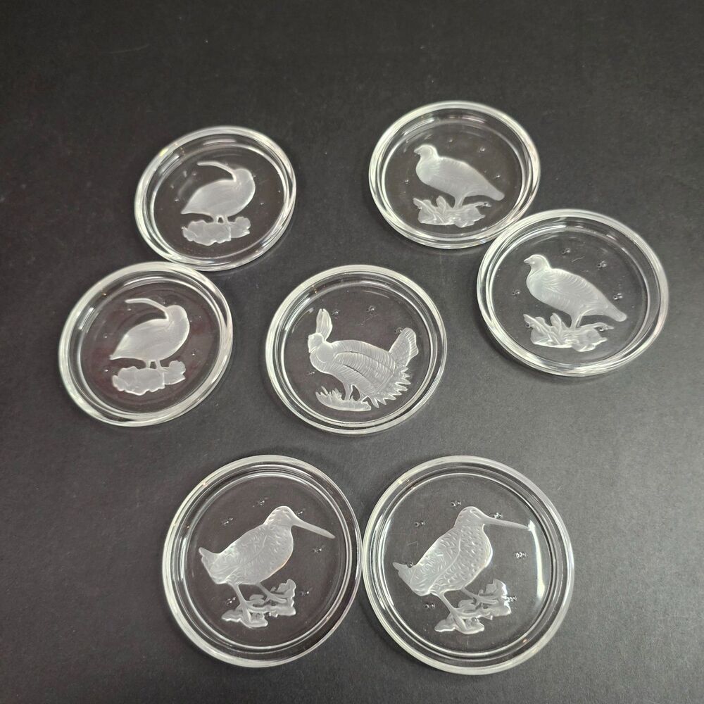 Val Saint Lambert Crystal Cut Glass Coasters, Intaglio Bird Design Set of 7 3.5